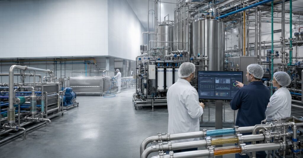 Tecnici analizzano consumi e flussi idrici in un moderno stabilimento alimentare con impianti di trattamento, recupero e riuso dell’acqua.