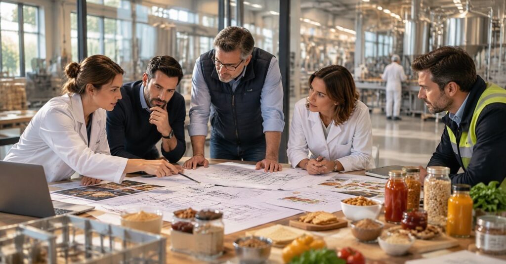 Professionisti che analizzano il processo di industrializzazione alimentare prima della progettazione dell’impianto