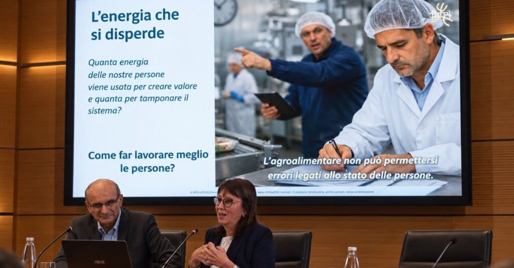 Ornella Tiziana Arena interviene al convegno AICQ Centronord davanti alla slide proiettata.