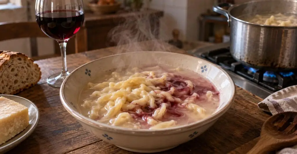 Scattone molisano con pasta fresca, acqua di cottura amidacea e vino rosso