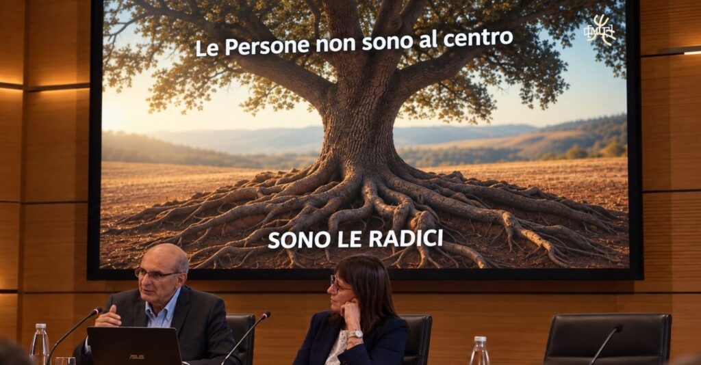 Albero illustrato con radici, tronco e chioma visibili.